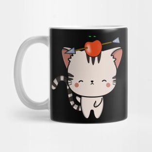 Funny Tabby cat is playing william tell with an apple and arrow Mug